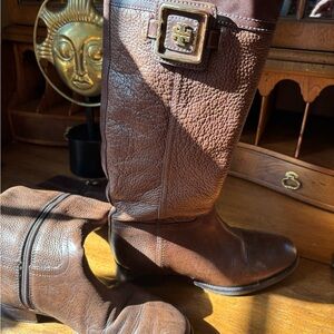 Tory Burch Brown Pebbled Leather Riding Boots with Gold Logo Buckle